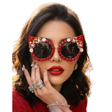 Model Using Luxury Flower Rhinestone Cat Eye Sunglasses 