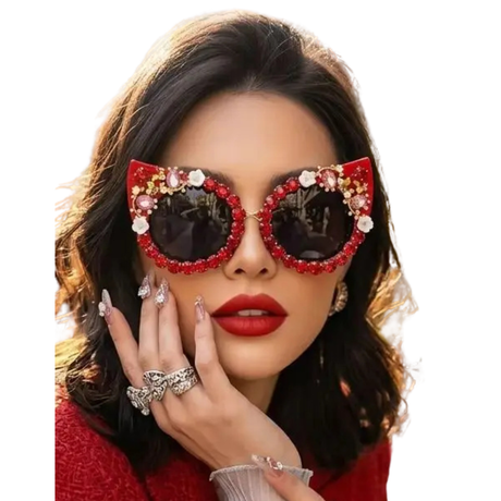 Model Using Luxury Flower Rhinestone Cat Eye Sunglasses 