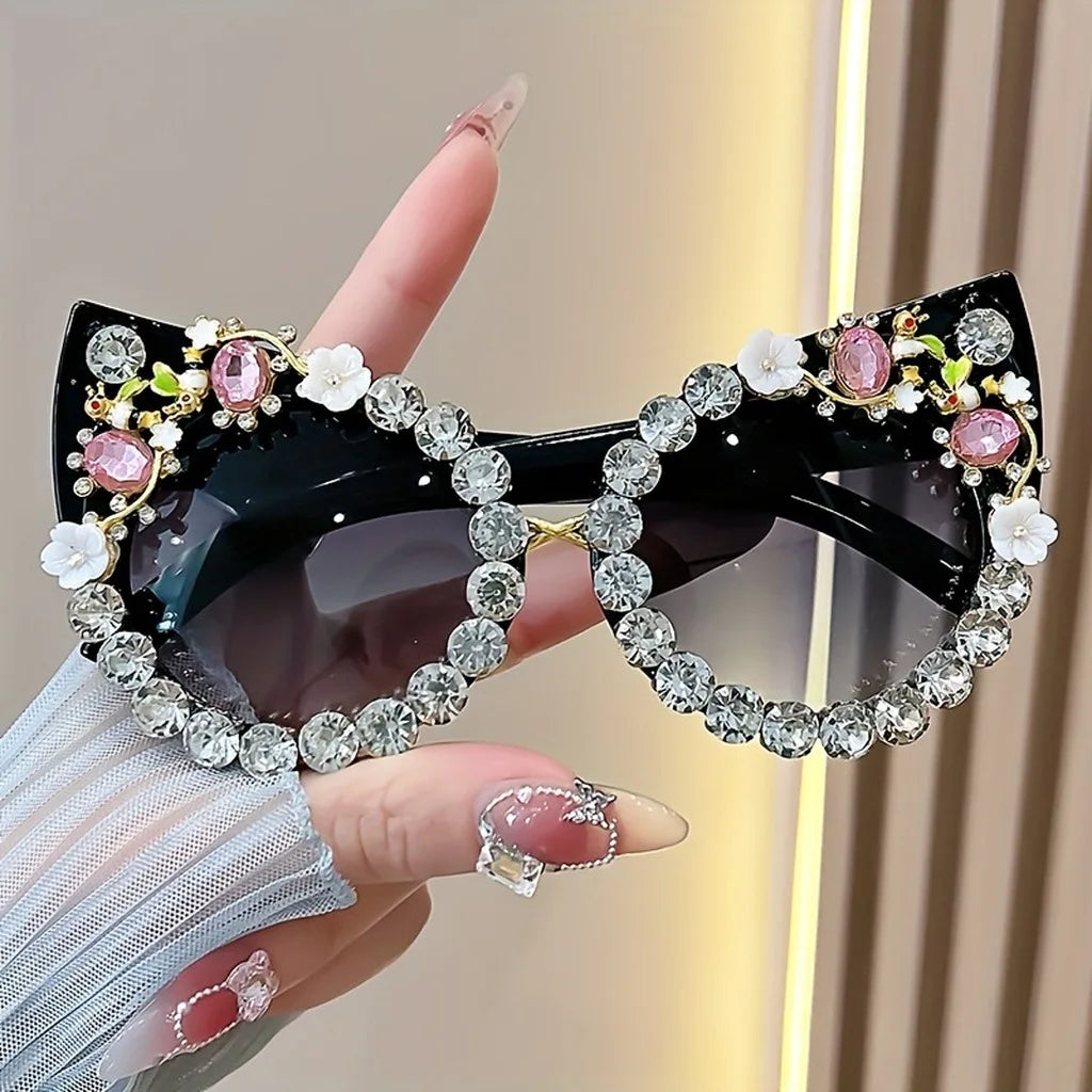 Black Luxury Flower Rhinestone Cat Eye Sunglasses