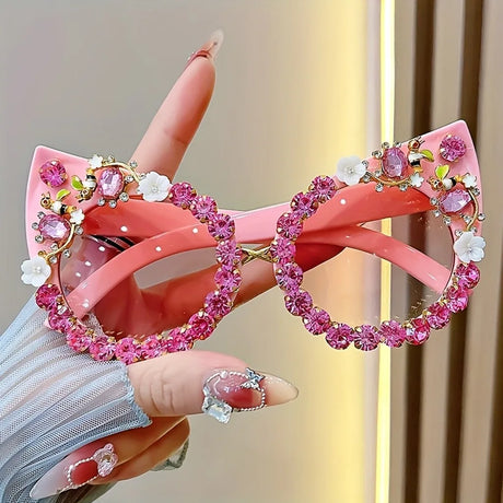 Pink Luxury Flower Rhinestone Cat Eye Sunglasses