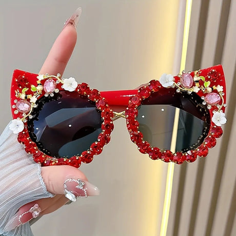 Red Luxury Flower Rhinestone Cat Eye Sunglasses