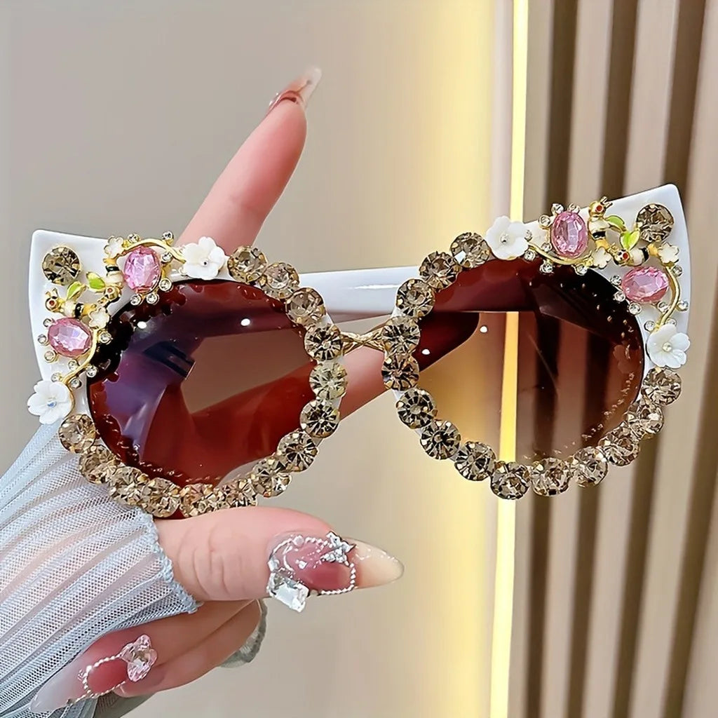 White Luxury Flower Rhinestone Cat Eye Sunglasses