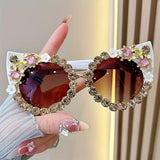 White Luxury Flower Rhinestone Cat Eye Sunglasses