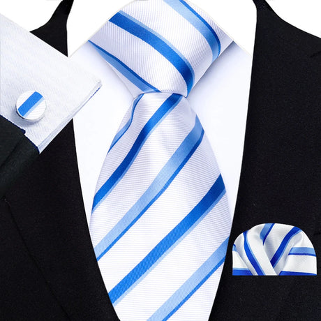 White Blue Luxury Hanky Cufflinks Set Jacquard 8cm Necktie