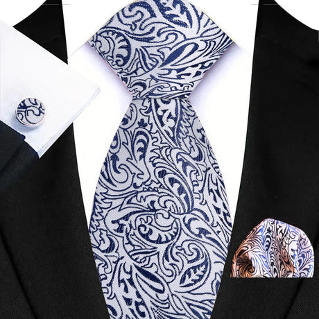Blue Luxury Hanky Cufflinks Set Jacquard 8cm Necktie