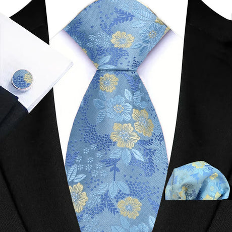 Blue Luxury Hanky Cufflinks Set Jacquard 8cm Necktie