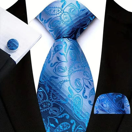 Blue Luxury Hanky Cufflinks Set Jacquard 8cm Necktie