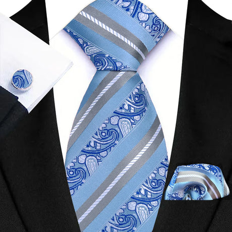Blue Luxury Hanky Cufflinks Set Jacquard 8cm Necktie