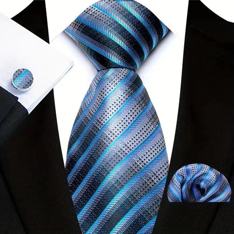 Blue Luxury Hanky Cufflinks Set Jacquard 8cm Necktie