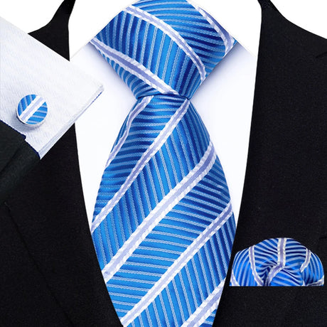 Blue Luxury Hanky Cufflinks Set Jacquard 8cm Necktie