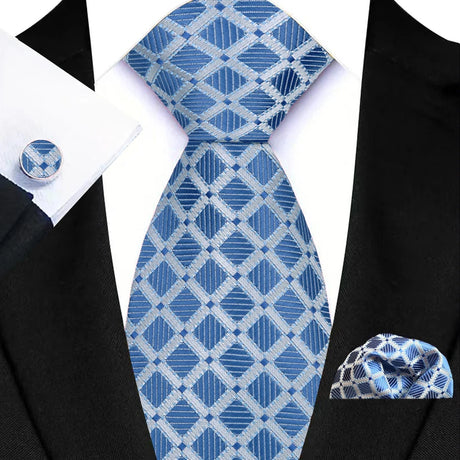 Blue Luxury Hanky Cufflinks Set Jacquard 8cm Necktie