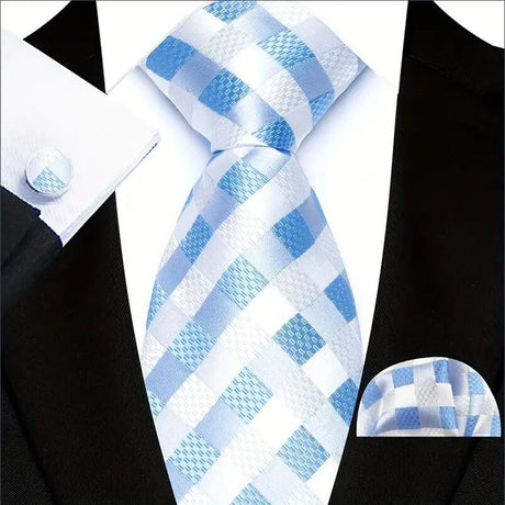 White Blue Luxury Hanky Cufflinks Set Jacquard 8cm Necktie