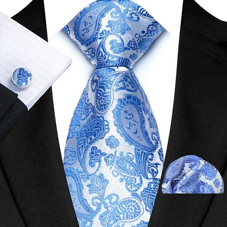 Blue Luxury Hanky Cufflinks Set Jacquard 8cm Necktie