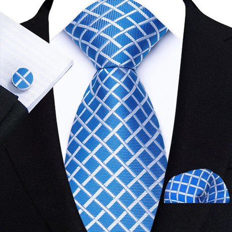 Blue Luxury Hanky Cufflinks Set Jacquard 8cm Necktie