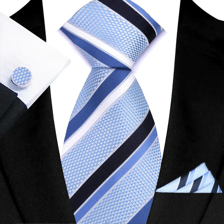 Blue Luxury Hanky Cufflinks Set Jacquard 8cm Necktie