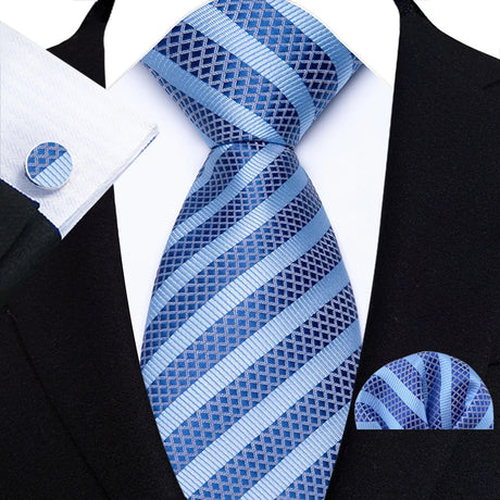 Blue Luxury Hanky Cufflinks Set Jacquard 8cm Necktie