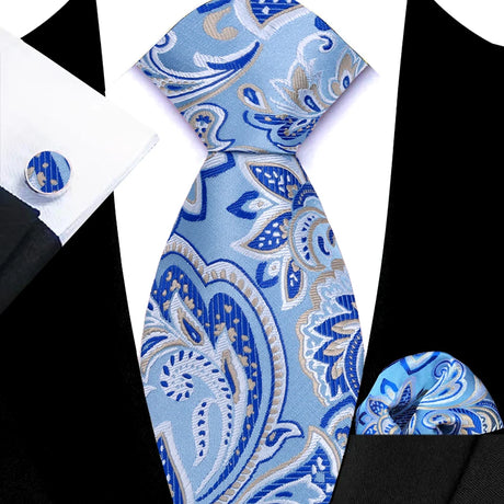 Blue Luxury Hanky Cufflinks Set Jacquard 8cm Necktie
