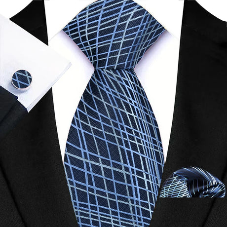 Blue Luxury Hanky Cufflinks Set Jacquard 8cm Necktie