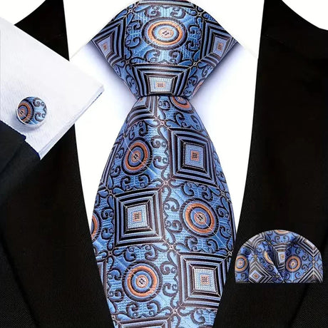 Blue Luxury Hanky Cufflinks Set Jacquard 8cm Necktie