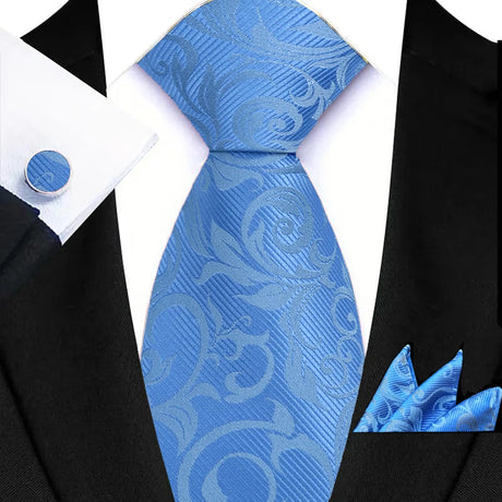 Blue Luxury Hanky Cufflinks Set Jacquard 8cm Necktie