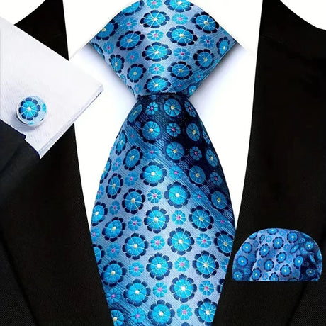 Blue Luxury Hanky Cufflinks Set Jacquard 8cm Necktie