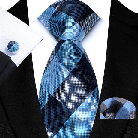 Blue Luxury Hanky Cufflinks Set Jacquard 8cm Necktie