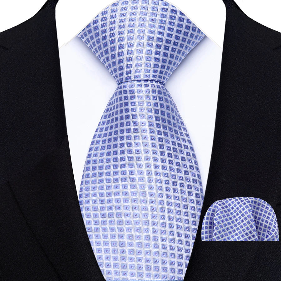 Blue Luxury Jacquard Handkerchief Set Dot Plaid 8CM Tie