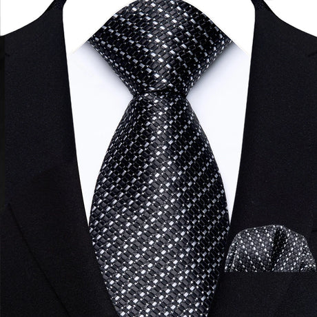 Black Luxury Jacquard Handkerchief Set Dot Plaid 8CM Tie