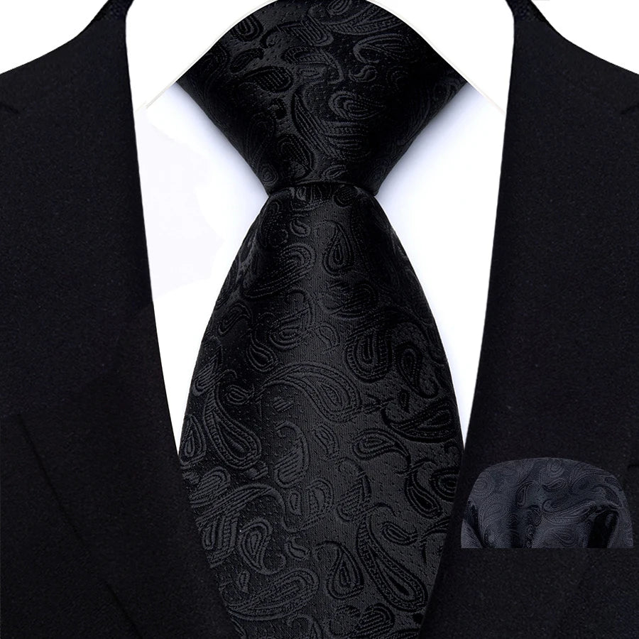 Black Luxury Jacquard Handkerchief Set Dot Plaid 8CM Tie