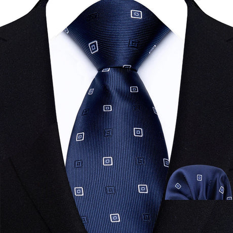 Blue Luxury Jacquard Handkerchief Set Dot Plaid 8CM Tie