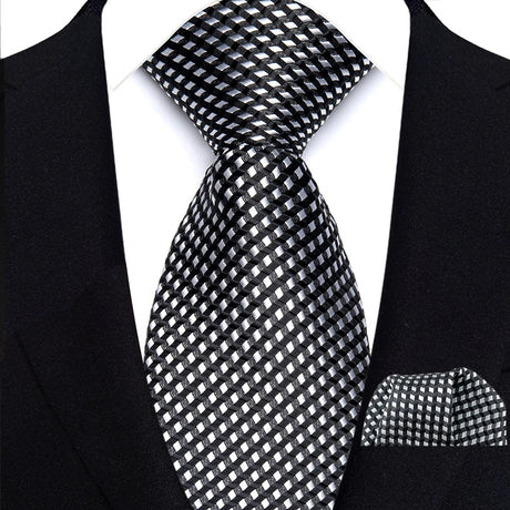Black Luxury Jacquard Handkerchief Set Dot Plaid 8CM Tie