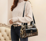 Model Using Luxury Leopard Print Shoulder Crossbody Bag