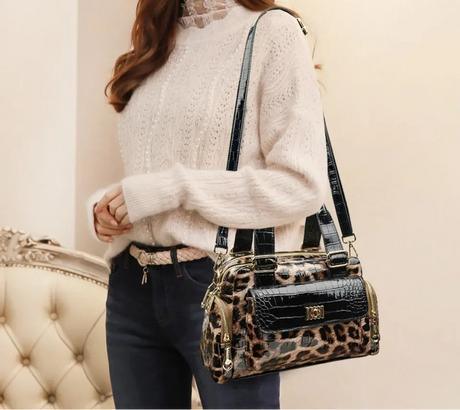 Model Using Luxury Leopard Print Shoulder Crossbody Bag