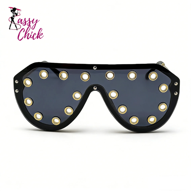 Luxury Metal Rivet Oversized One-piece Sunglasses Sassy Chick Logo