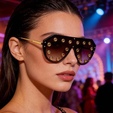 Model Using Luxury Metal Rivet Oversized One-piece Sunglasses