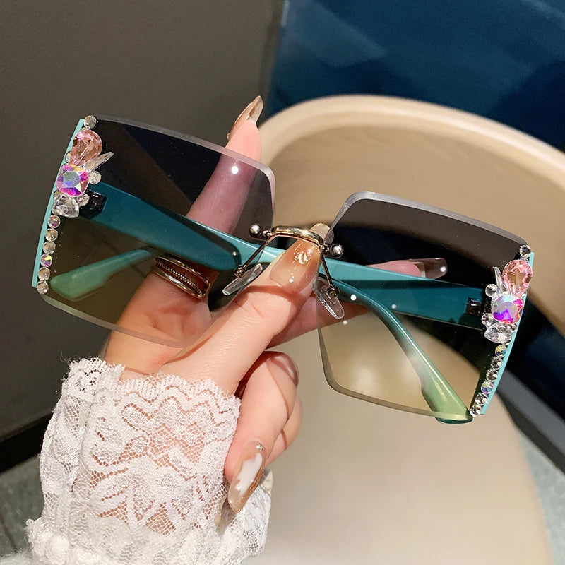 Blue Luxury Oversized Square Rimless Sunglasses