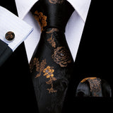 Black Gold Luxury Pocket Square Cufflink Set Floral Silk Necktie