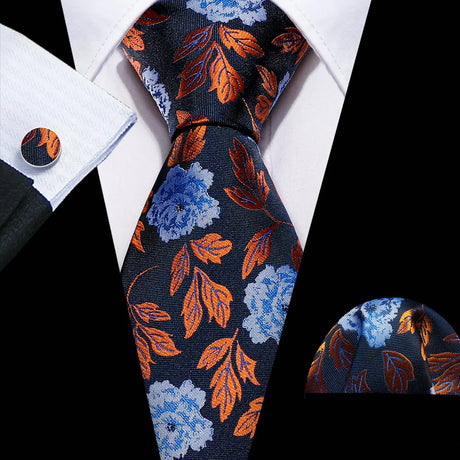 Blue Luxury Pocket Square Cufflink Set Floral Silk Necktie
