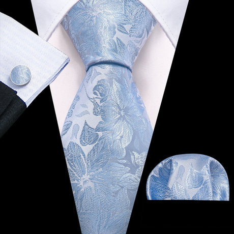 Blue Luxury Pocket Square Cufflink Set Floral Silk Necktie