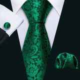 Green Luxury Pocket Square Cufflink Set Floral Silk Necktie