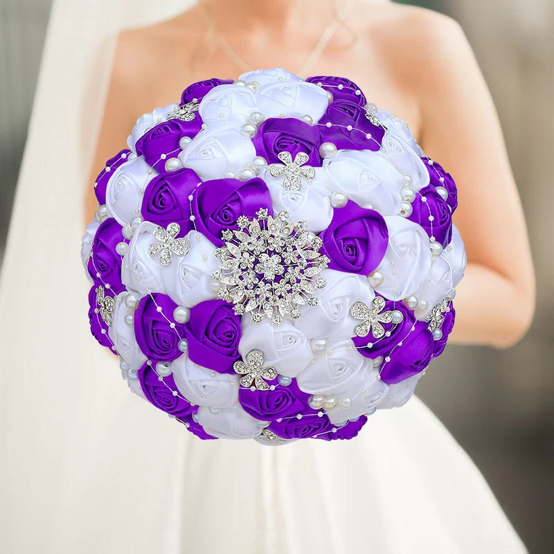 White Purple Luxury Rhinestone Handmade Flowers Bouquet