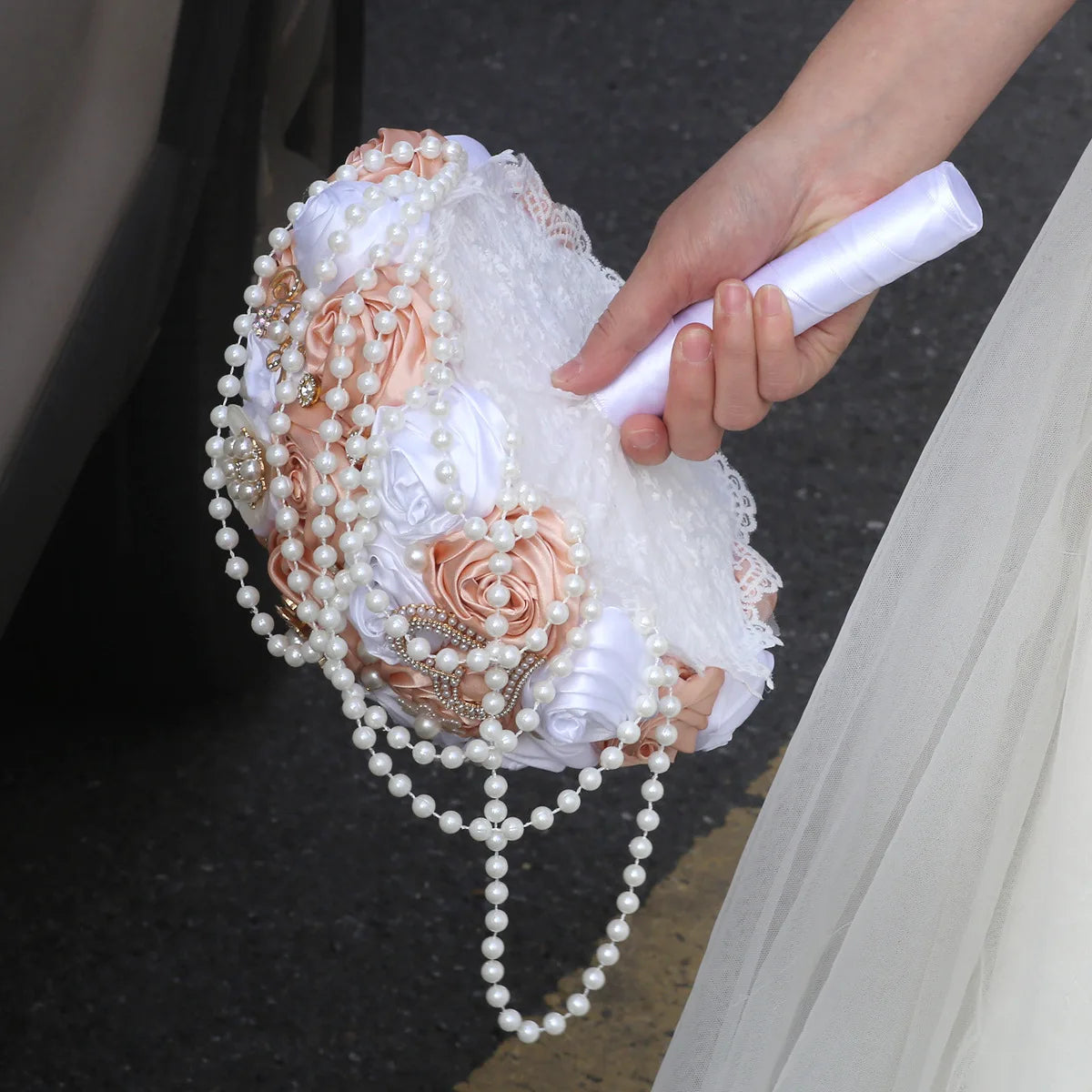 Holding a Luxury Rhinestone Wedding Bouquet