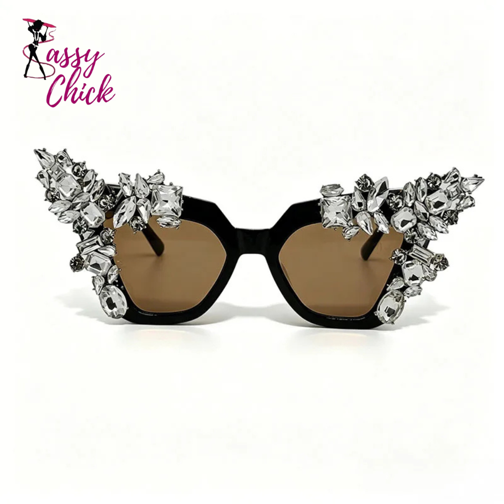 Luxury Shiny Retro Oversized Cat Eye Crystal Sunglasses Sassy Chick Logo
