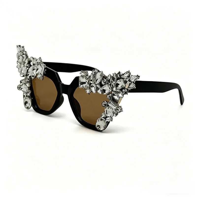 Brown Luxury Shiny Retro Oversized Cat Eye Crystal Sunglasses