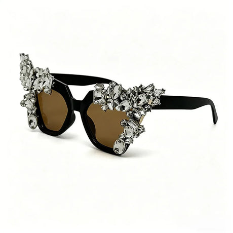 Brown Luxury Shiny Retro Oversized Cat Eye Crystal Sunglasses