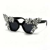 Black Luxury Shiny Retro Oversized Cat Eye Crystal Sunglasses