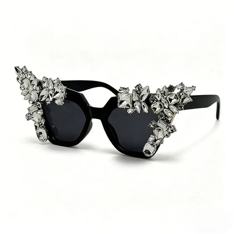 Black Luxury Shiny Retro Oversized Cat Eye Crystal Sunglasses