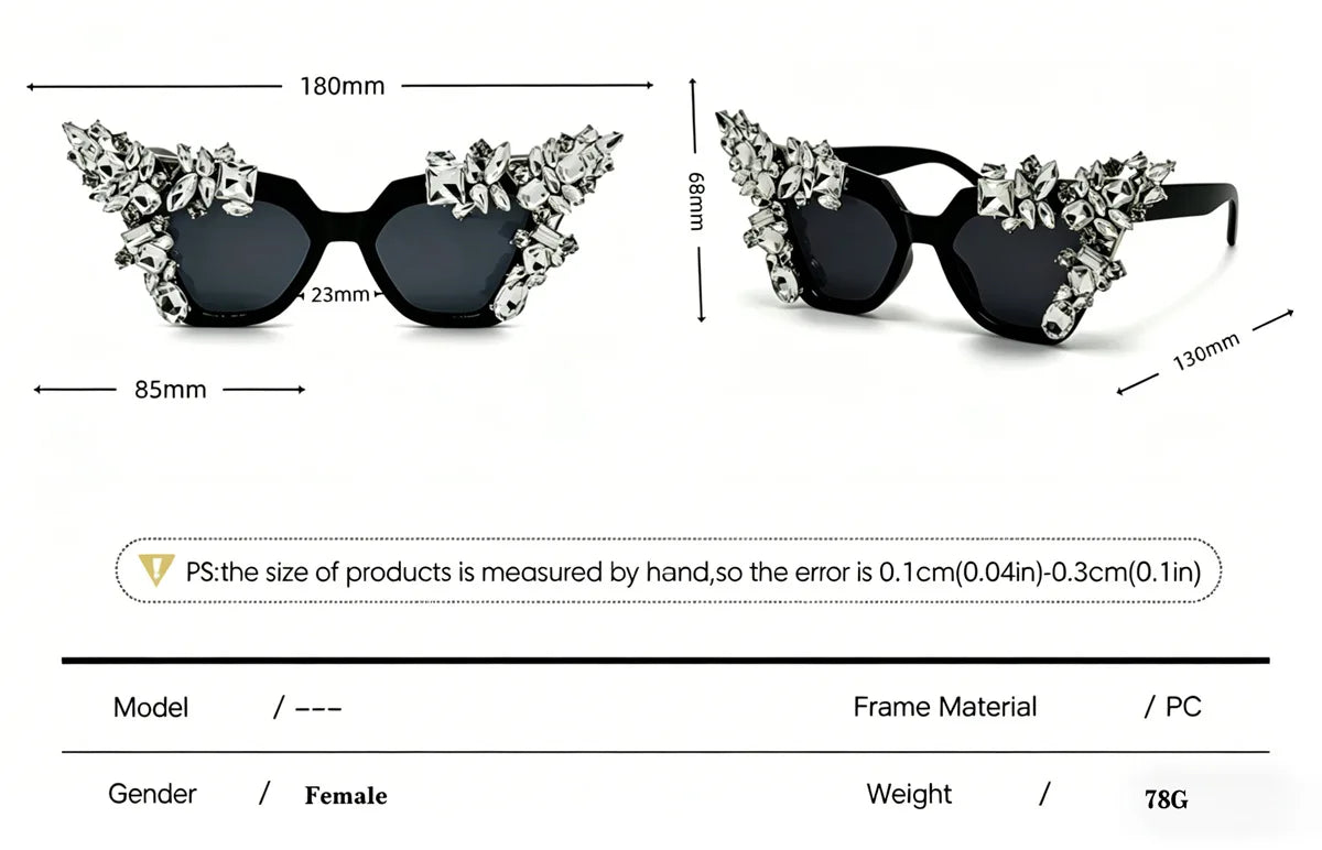 Size of Luxury Shiny Retro Oversized Cat Eye Crystal Sunglasses