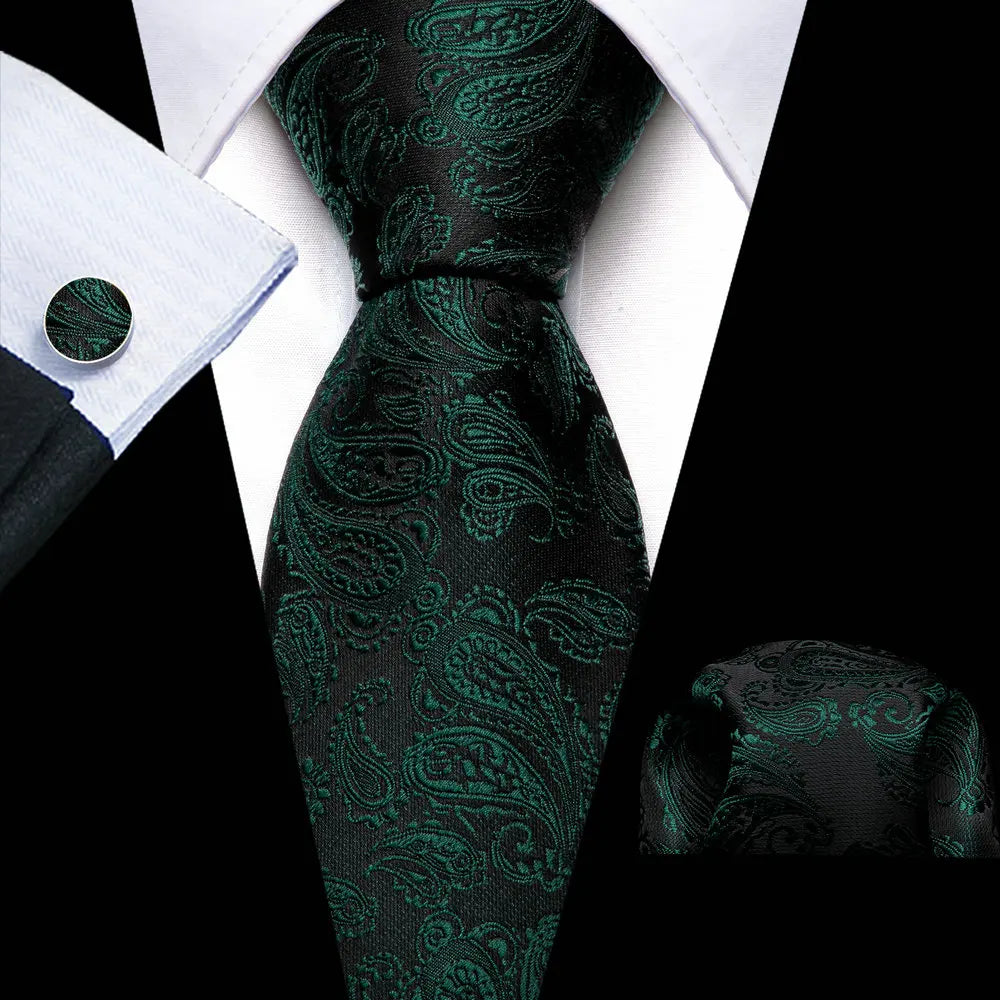 Green Black Luxury Silk Jacquard Floral Paisley Necktie