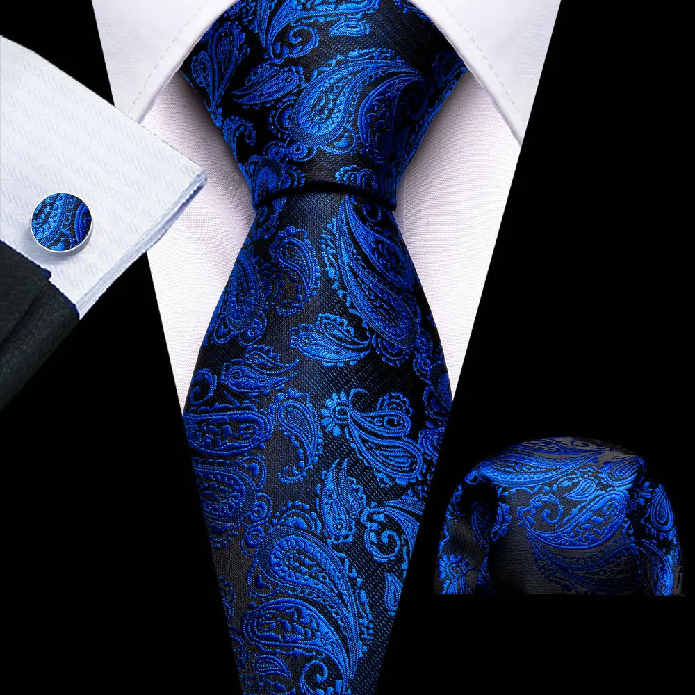 Blue Luxury Silk Jacquard Floral Paisley Necktie